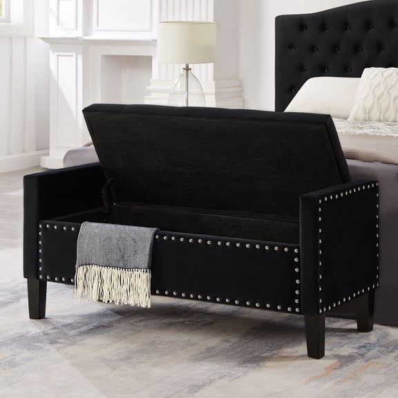 Modern Armrest Bench with Hidden Storage Upholstered with Soft Velvet Dark Wood Legs - 48