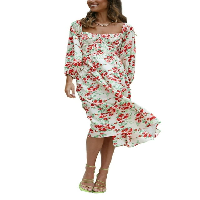 Flowy Midi Dress with Long Sleeves and Square Neckline for Women