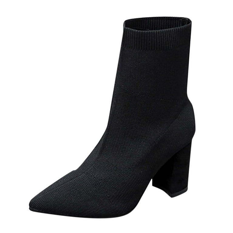 SEMIMAY Fashion Autumn And Winter Women Ankle Boots Thick Heel Mid Heel Pointed Mesh Sock Boots Breathable And Comfortable Cover Solid Color Black Walmart