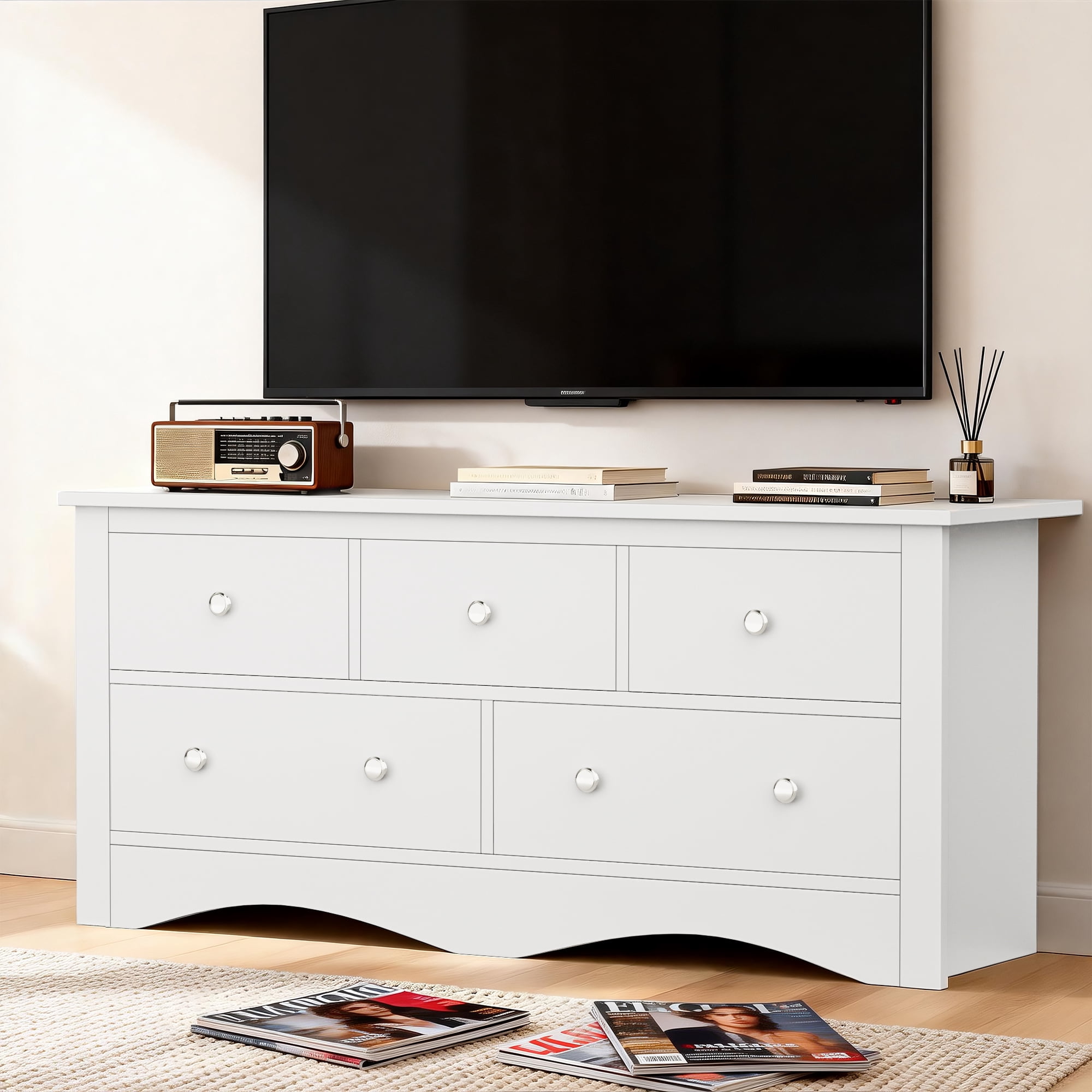 Homall 5 Drawer Double Dresser, Modern Wood Chest of Drawer for Living Room Bedroom,White