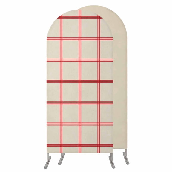 Yellow Buffalo Plaid Wedding Arch Cover, Stretchy Spandex Arch Backdrop Stand Covers 5 FT, Red Lines Grid Pattern Vintage Round Top Arched Backdrop Cover for Birthday Party Ceremony Baby Shower Event