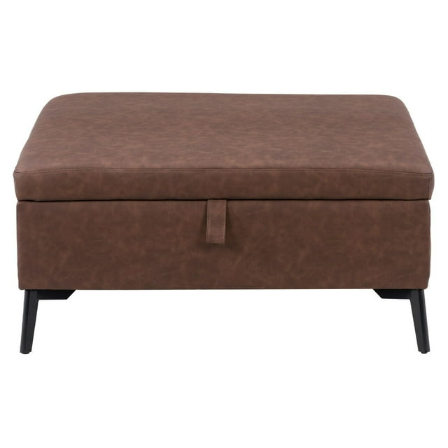 Brown upholstered square storage ottoman with a lift-up top and black metal legs