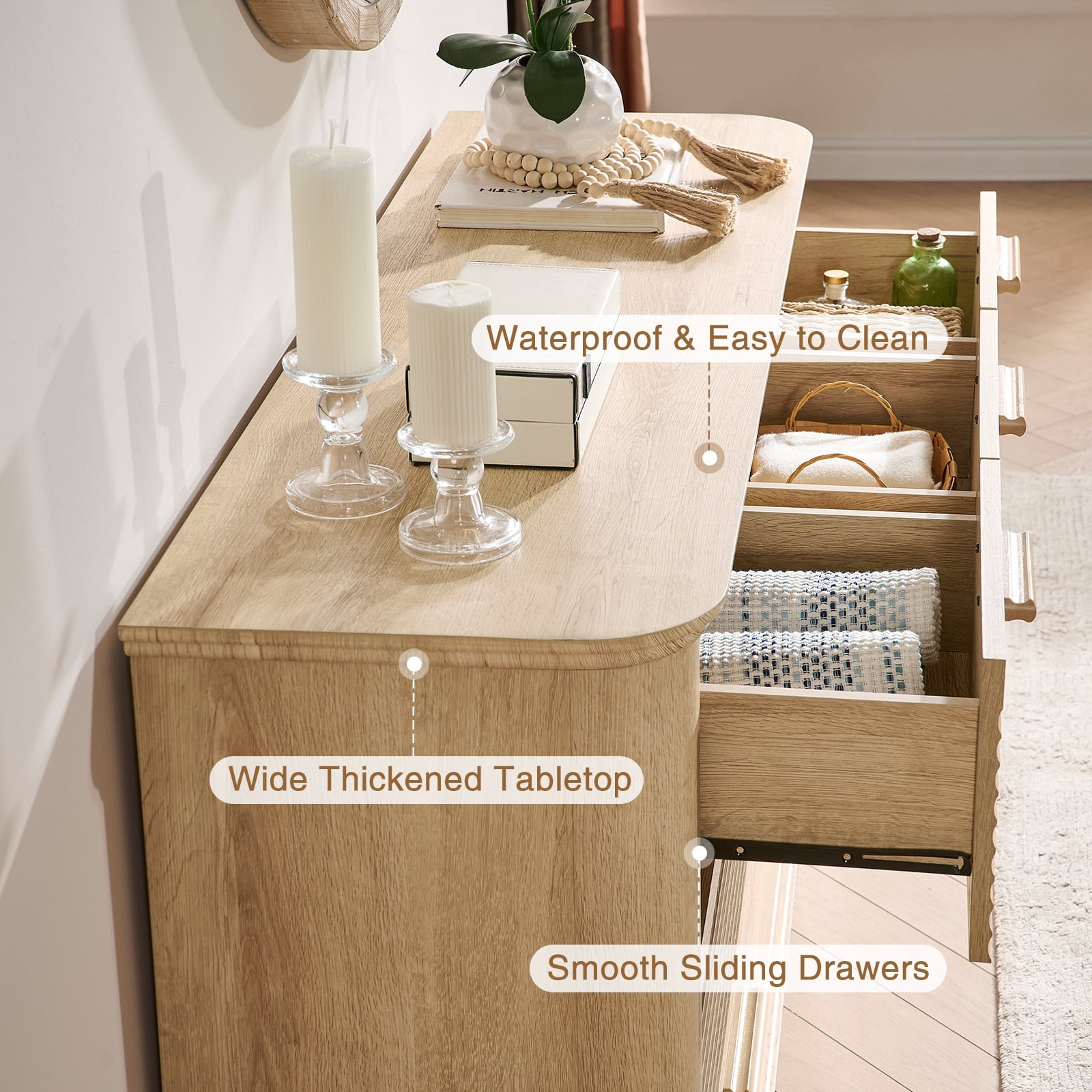 Hommoo Modern Wood Fluted 7 Drawer Dresser, 52" Wide Dresser Chest of Drawers with Curved Profile Design, Multifuctional Storage Organizer for Home, Oak