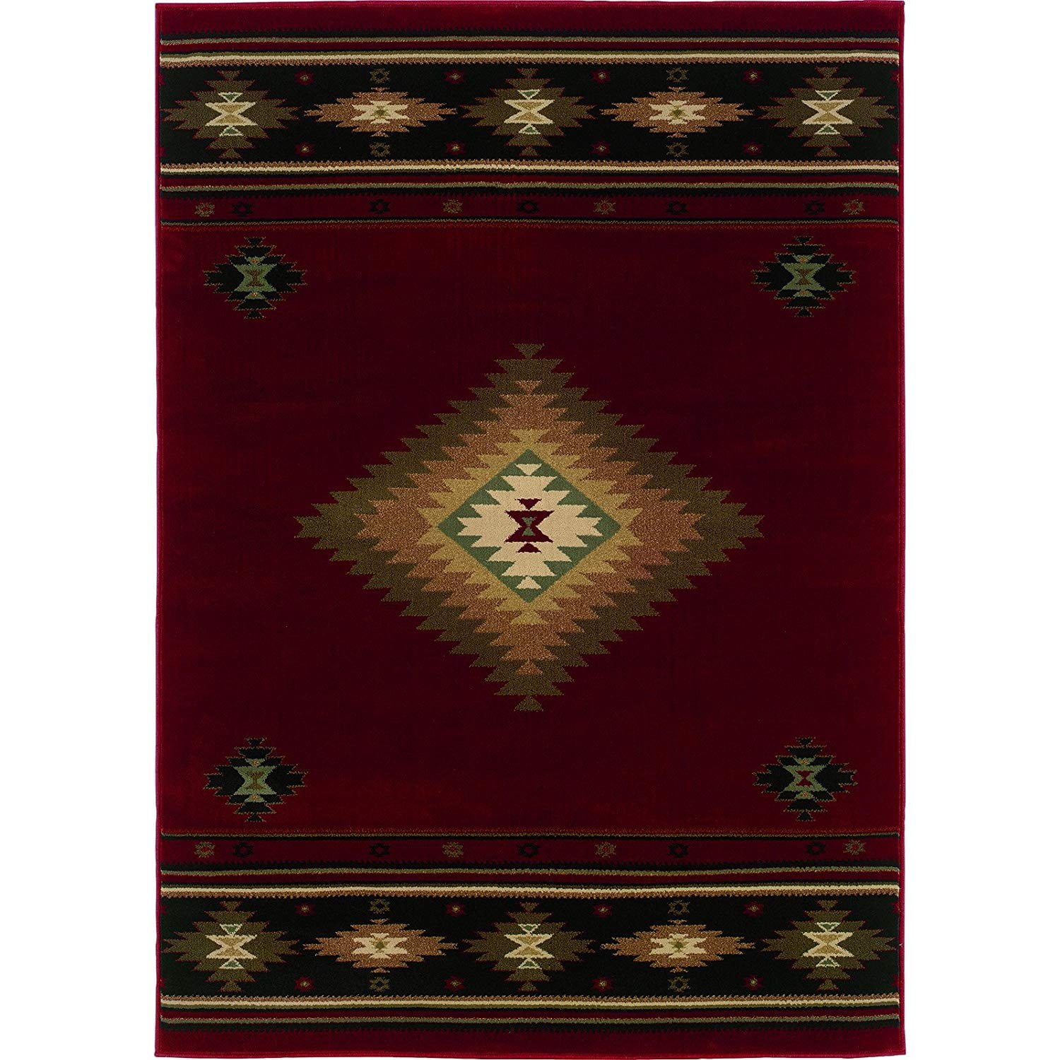Oriental Weavers Hudson Area Rug - 087K1 - 6'7" x 9'6" - in Red/ Green - Southwestern Lodge Style, Stain Resistant, Family and Pet Friendly , Dining, Living Room Rug