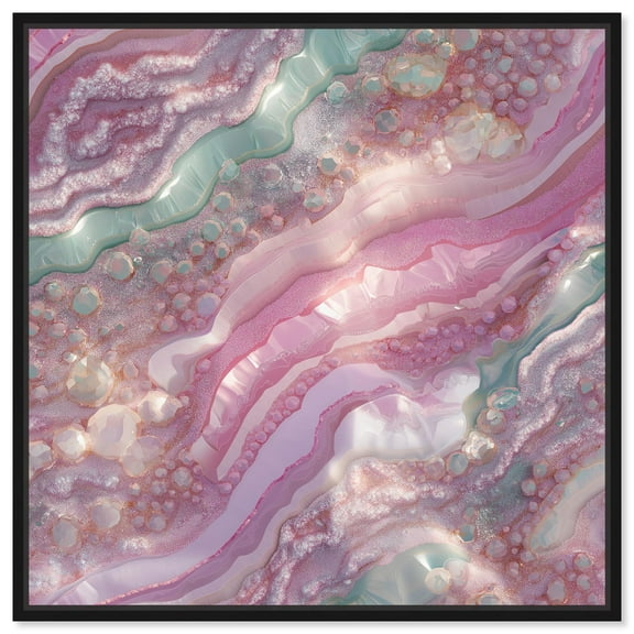 Pink and Mint Crystal I Canvas Colorful Abstracts by Art Remedy, Black Frame, 12 x 12