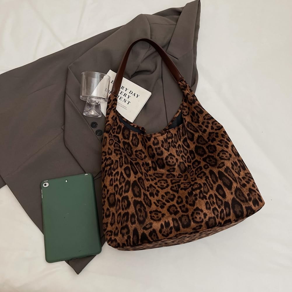 Leopard Tote Bag for Women,Cute Bag Cheetah Print Purse,Vintage Slouchy Hobo Bag Large Capacity Tote Bag Suede Bag