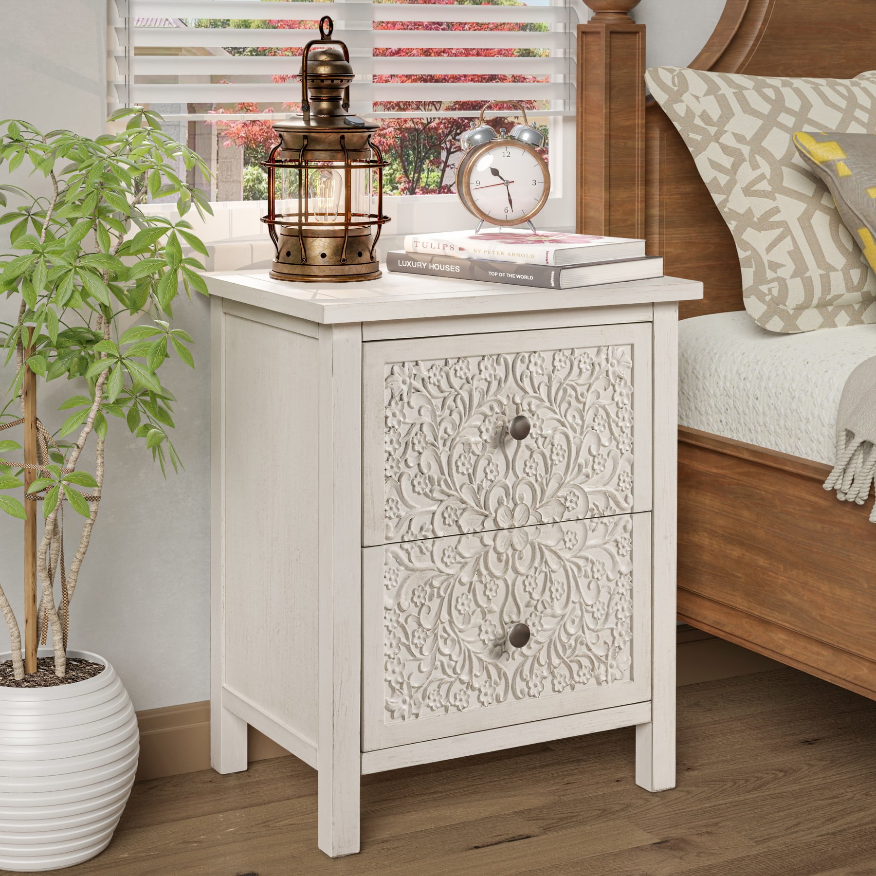COZAYH Farmhouse Fully-Assembled Nightstand with 2-Drawer, Flower Motif ...