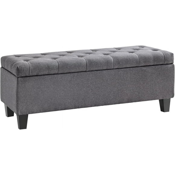 Storage Ottoman Bench, End of Bed Storage Bench, Button Tufted Fabric Storage Ottoman, Solid Wood Leg, Safety Hinge, 330 LBS Load, Ottoman with Storage for Bedroom Living Room Entryway (Gray)