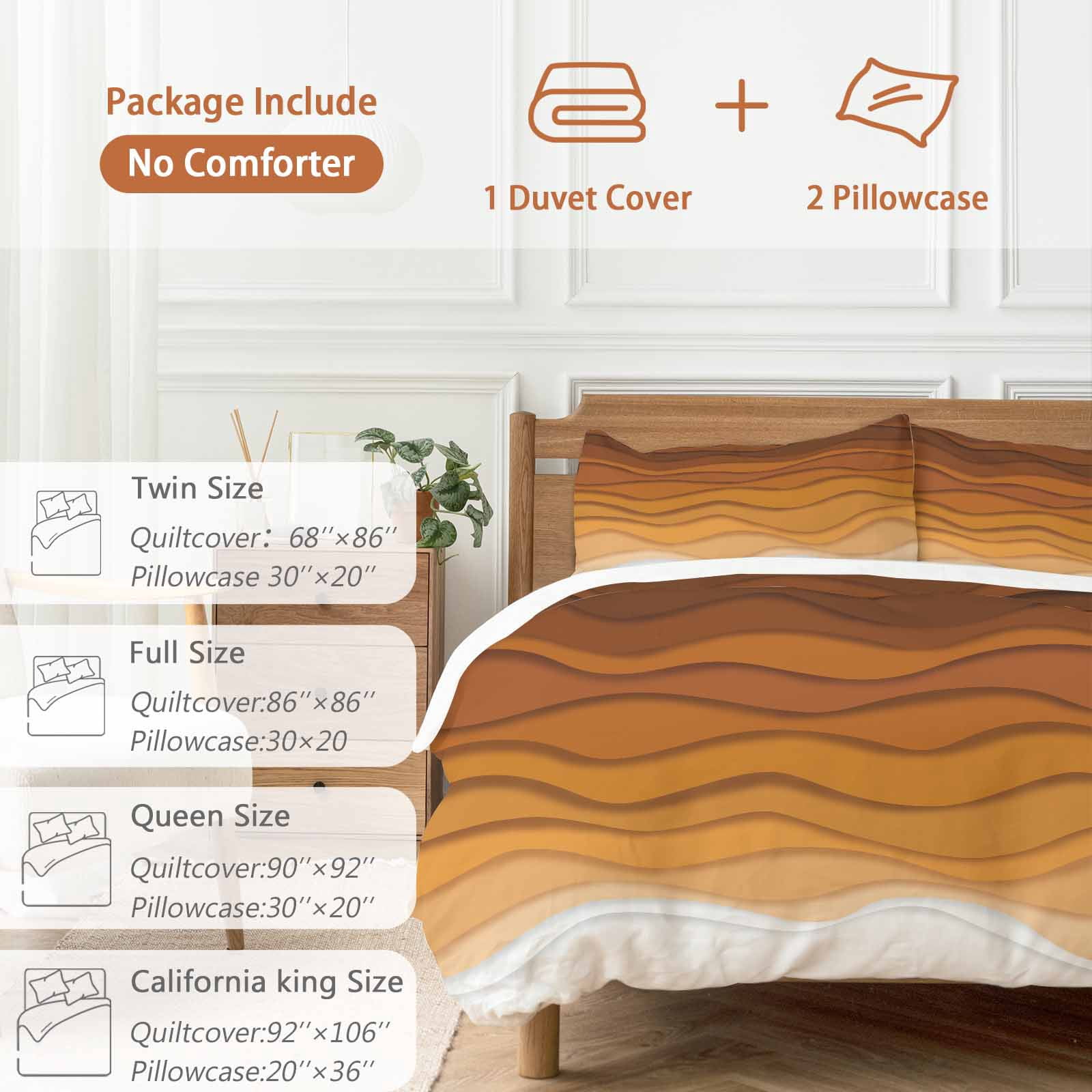 Orange Ombre Stripes Bedding 3 Piece Duvet Cover Set Full Size, Farmhouse Retro Abstract Waves Art Soft Microfiber Comforter Cover with Zipper Closure & Pillowcases, FadeResistant Quilt Cover