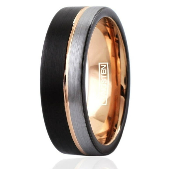 Tungsten Carbide Rings for Men Wedding Bands for Him 6mm Silver Black Off-Center Rose Gold