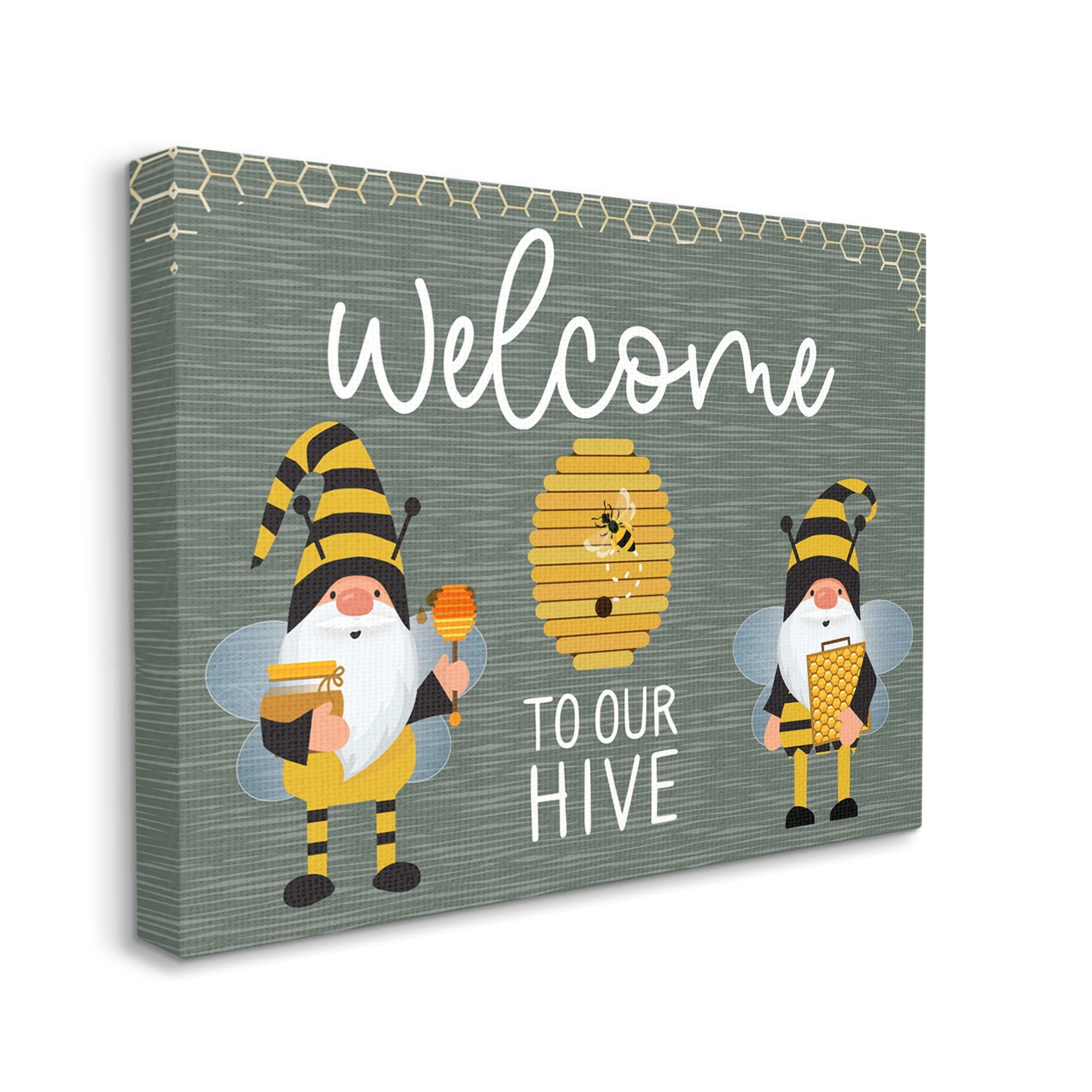 Stupell Industries Welcome To Our Hive Honey Bee Garden Gnomes Typography Canvas Wall Art, 20 x 16, Design by Linda Birtel