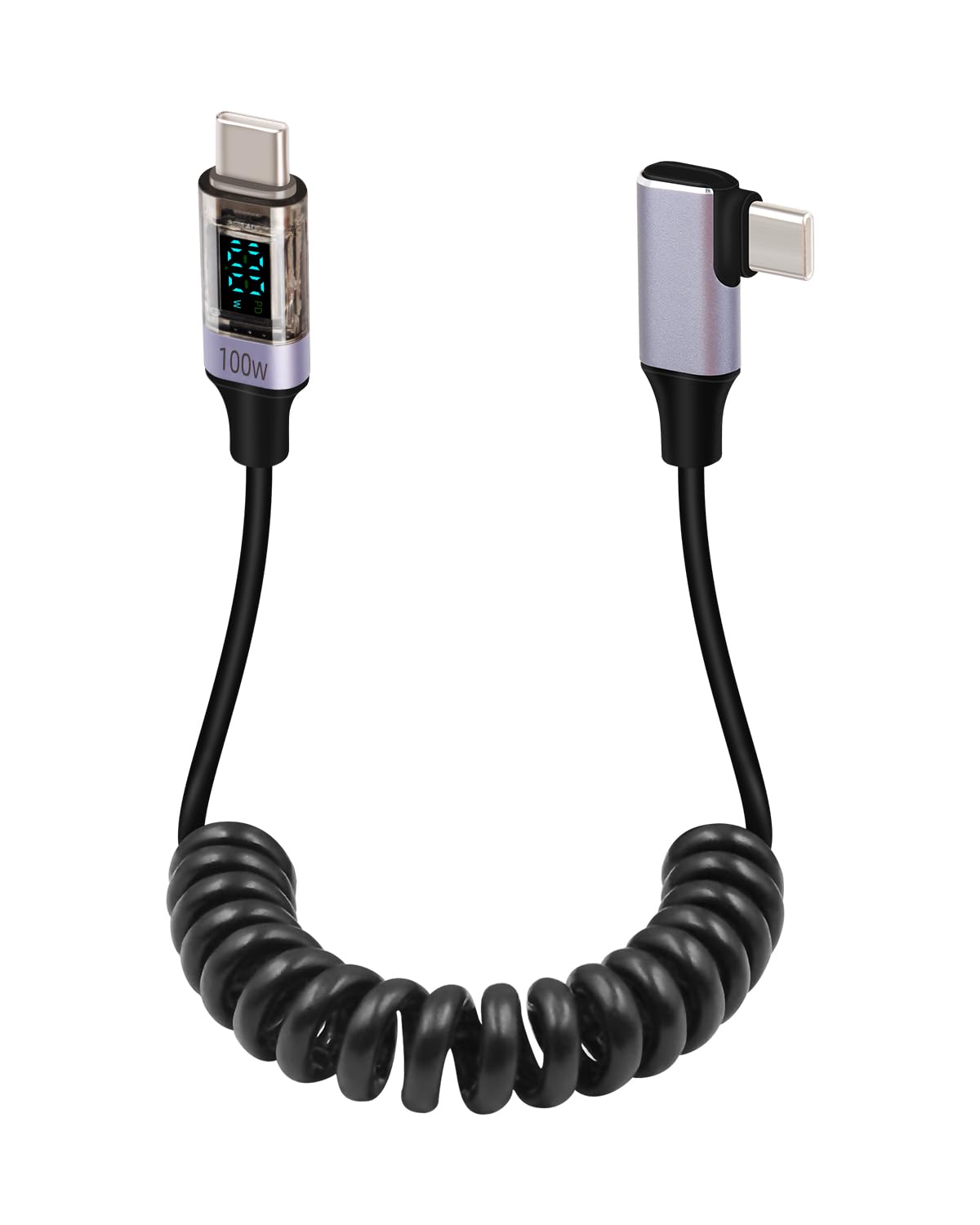 LASJPOB-Coiled USB C to USB C Cable with LED Display, 90 Degree PD 100W Fast Charging Retractable USBC Cord for Phones, Tablets, Power Bank and More (90 Degree C to C)