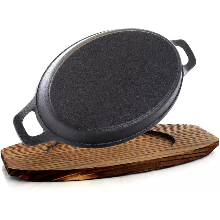  Mifoci Set of 4 Cast Iron Mini Oval Serving Dish Pans with  Wooden Base 8oz Mini Cast Fajitas Iron Small Iron Skillet Dishes Black  Little Pans Skillets for Baking Roasting (8.7