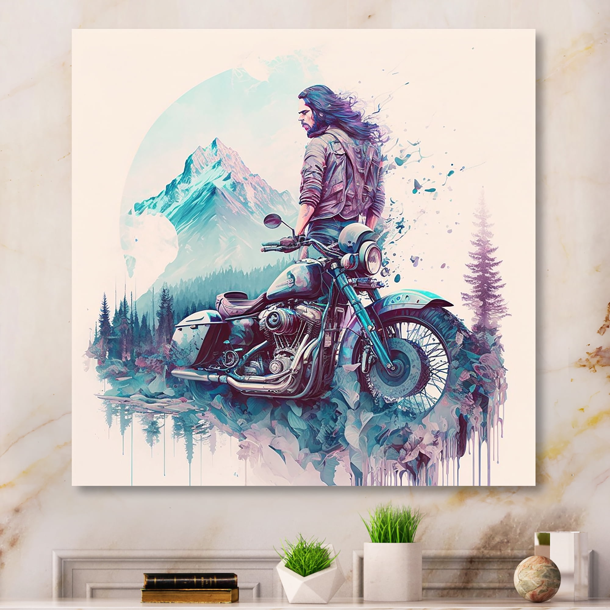 Designart Man And His Motorcycle With Mountain Views Canvas Wall Art