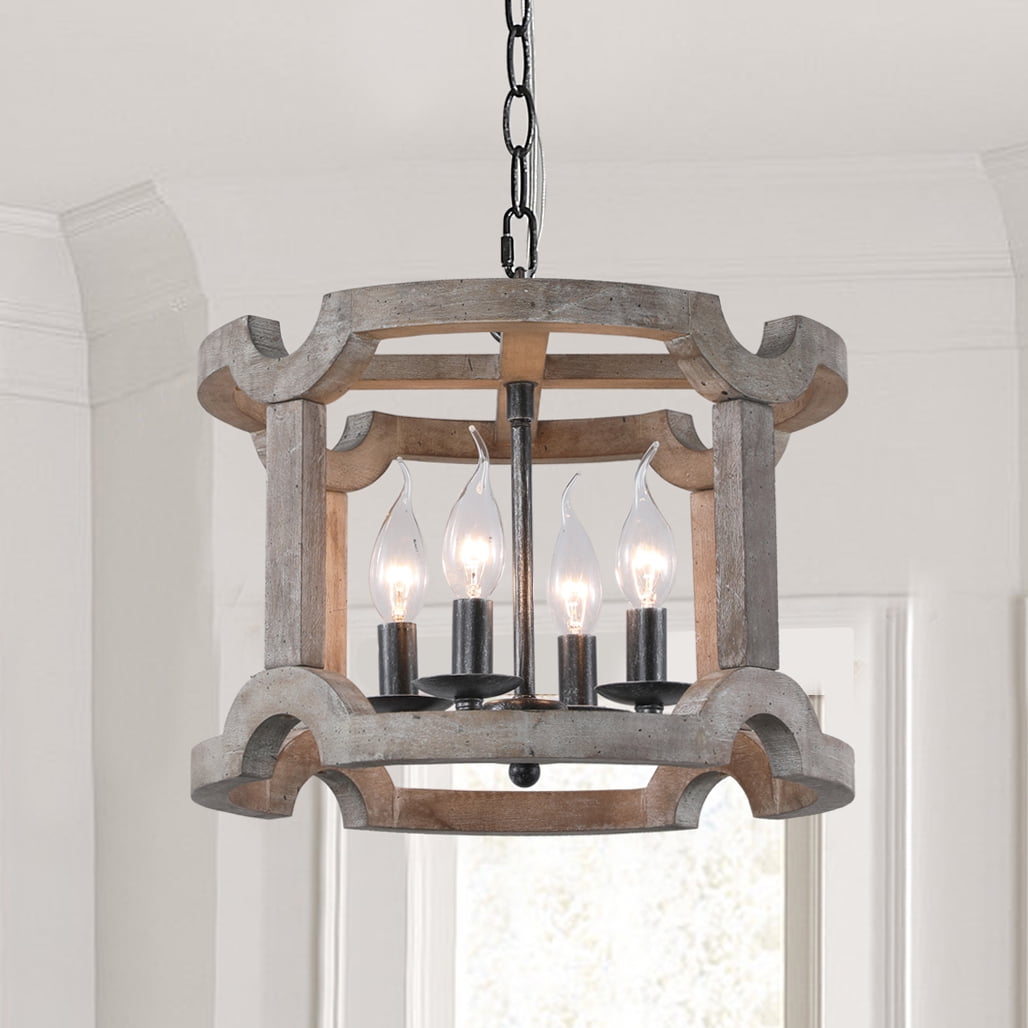 TOMIYA Wood Drum Chandelier Pendant Light for Entryway, 4 Light Round ...