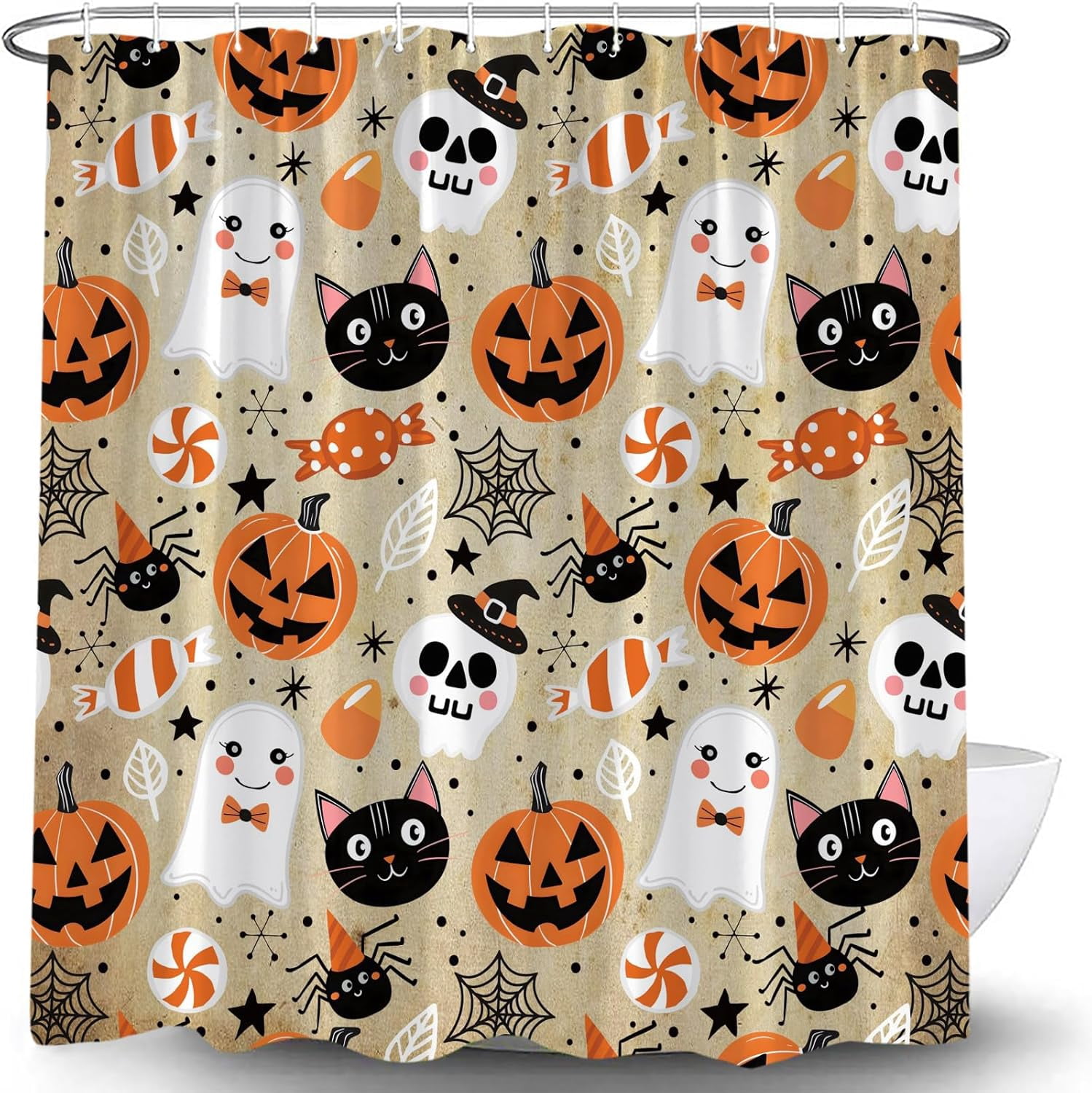 Happy Halloween Shower Curtain Cute Cartoon Pumpkin Spooky Ghost Orange Pumpkin Head Icons Funny Black Cat Spider‘s Web Skull Skeleton Witch Hat Fabric Bath Curtain Set with Hook