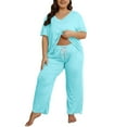 thumbnail image 2 of Plus Size Pajama Sets for Women Short Sleeve Long Pants Sleepwear Soft Loose Fashion Casual Nightwear Light Blue XL, 2 of 5