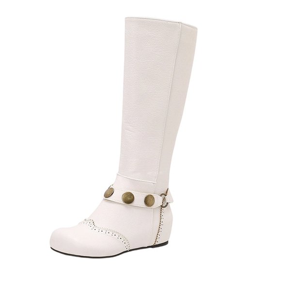 Xfvqtps Fleece Lined Knee High Boots for Women Flat Warm Winter Boots with Belt Buckle Comfortable Hidden Wedge Heel Casual Boots White