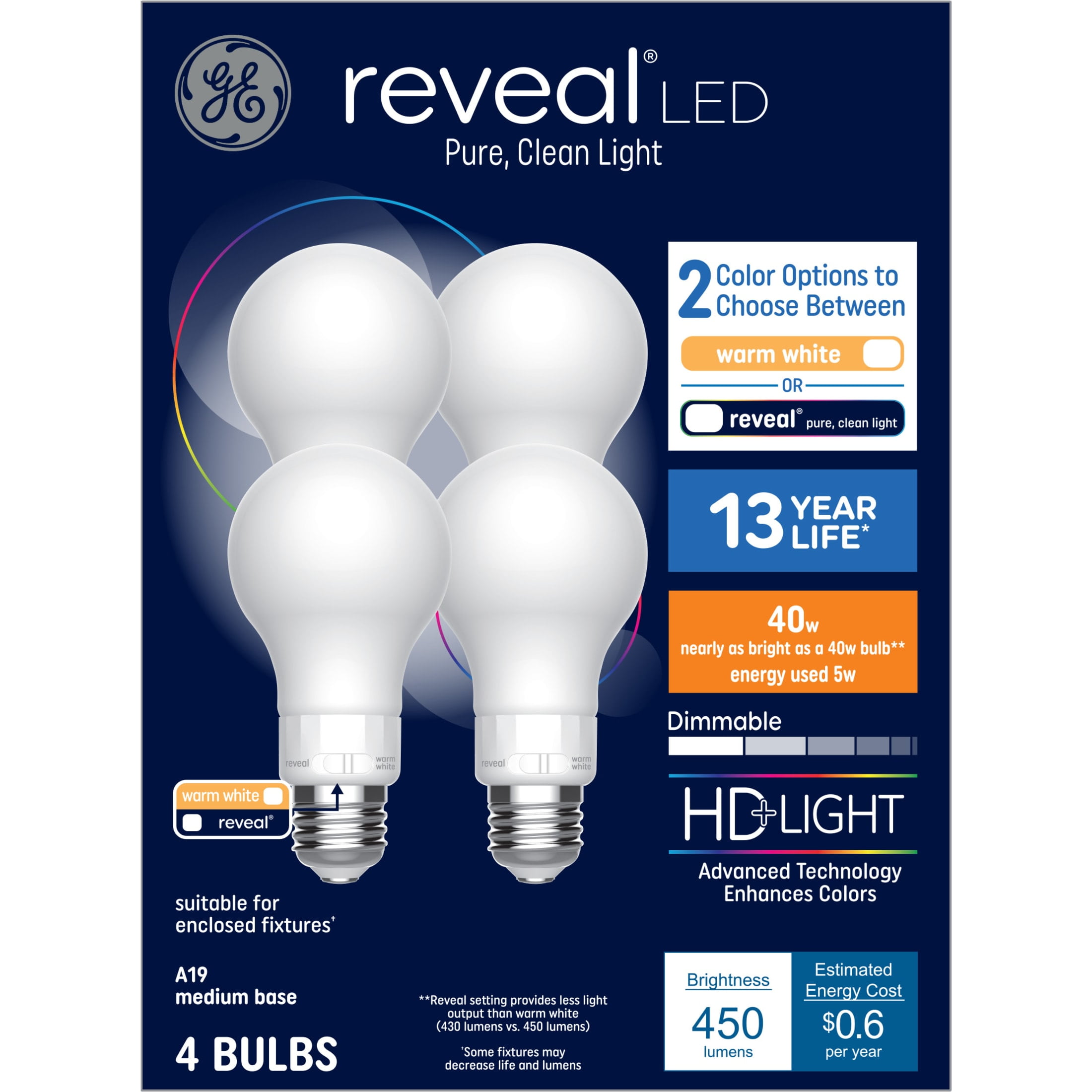 (2 pack) GE Reveal HD+ LED Light Bulbs, 40 Watts, A19 Bulbs, Medium Base, 4pk