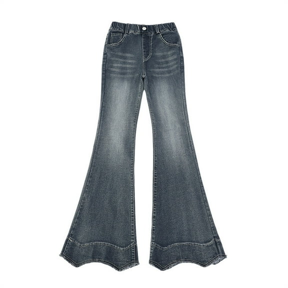 TIREOW Girls Retro Flare Jeans Elastic High Waist Wide Leg Denim Flared Trousers Fashionable Y2K Streetwear Denim Bell Bottom Pants