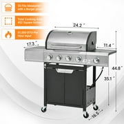 4 Burner BBQ Propane Gas Grill with Side Burner, Outdoor Stainless Steel 46790 BTU Patio Garden BBQ Grill with Lid, Wheels for Camping, Outdoor Cooking
