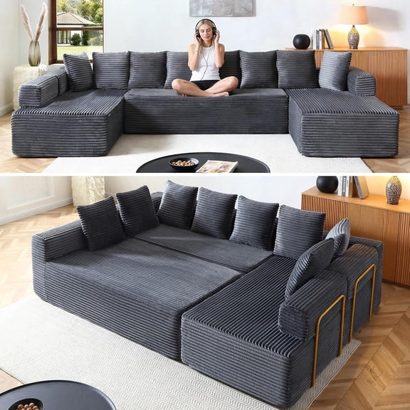 Boneless Couch, 145" Oversized Corduroy U Shape Modular Deep Seat Sectional Sofa with Double Chaise, No Assembly Required, Grey, Living Room