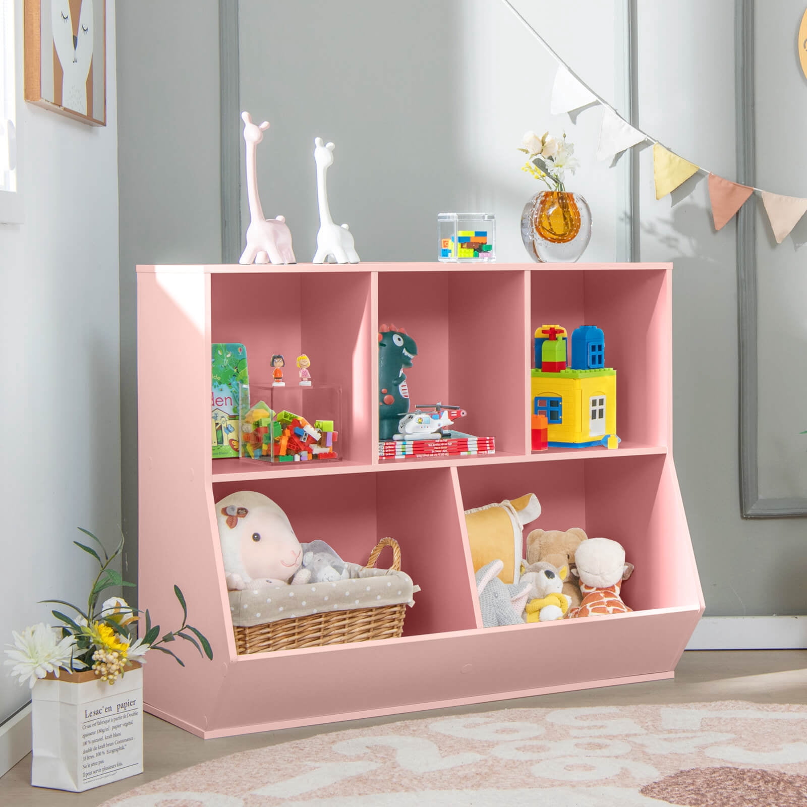 Costway 5-Cubby Kids Toy Storage Organizer Wooden Bookshelf Display Cabinet Pink