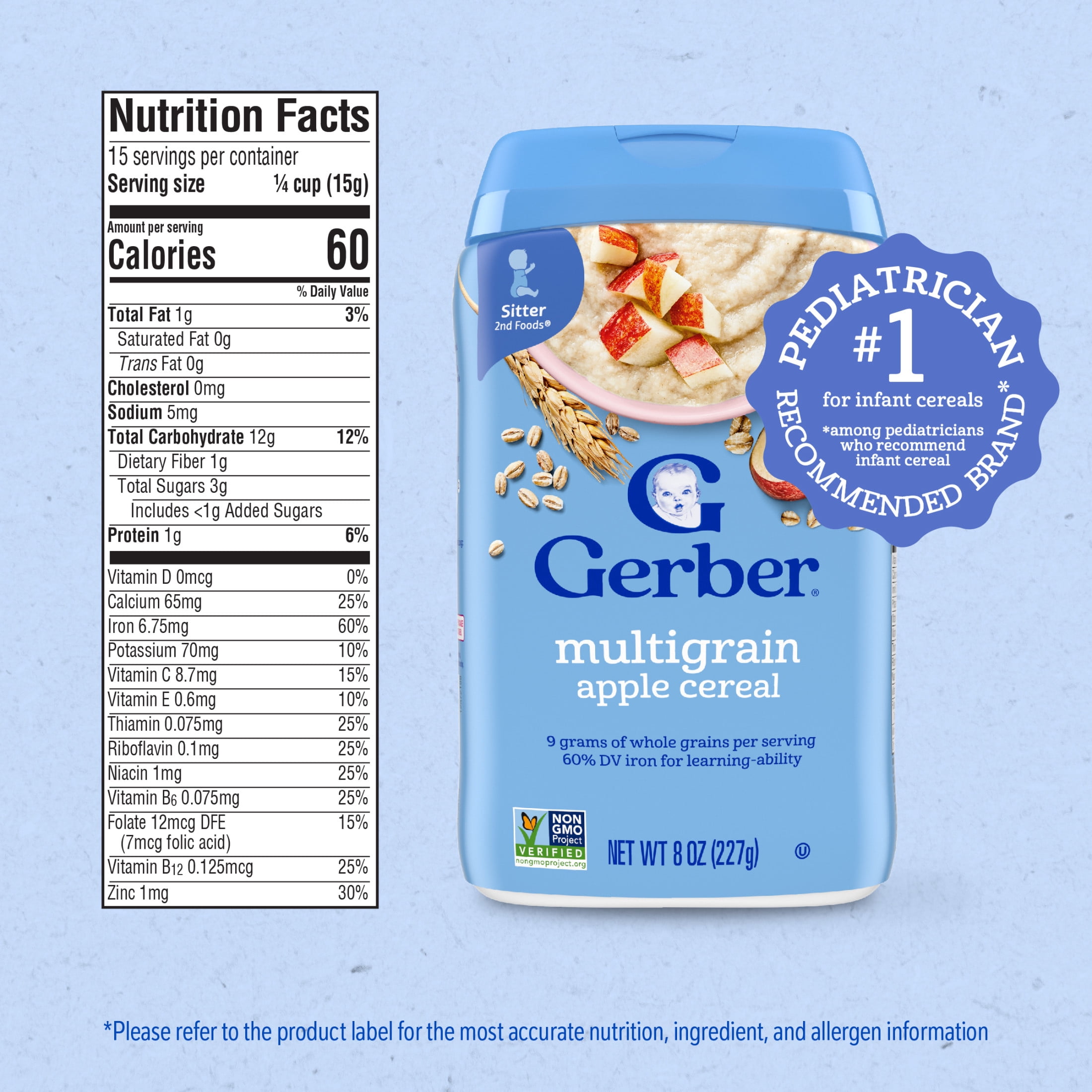 (2 pack) Gerber Stage 2 Baby Food, Multigrain Apple Cereal, Whole Grains, Baby Cereal 8 oz
