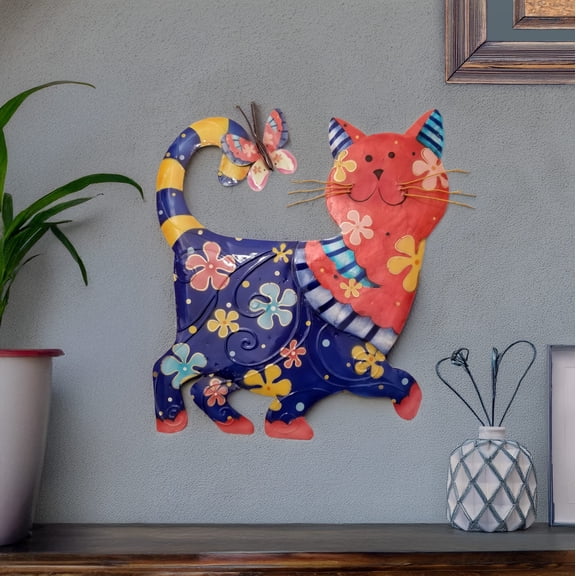 Eangee Home Design Cat Wall Decor Blue And Red, Capiz and Metal, Indoor / Outdoor Safe, 12x1x13 Inches