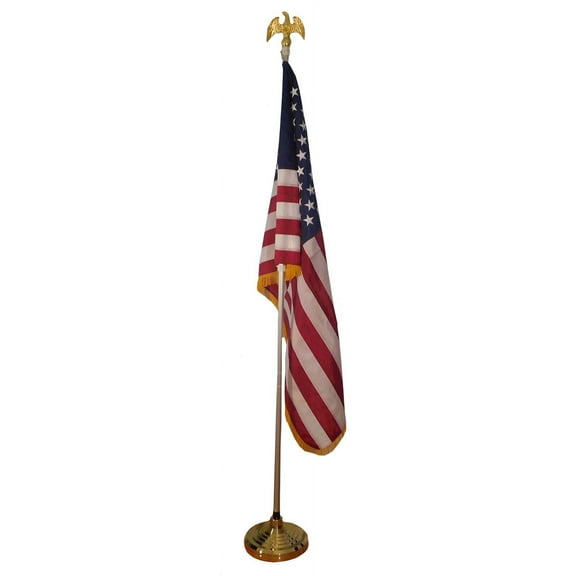 8ft Indoor Flag Pole Eagle 8' Telescoping FlagPole Base & Sleeve Fringe Emb Flag