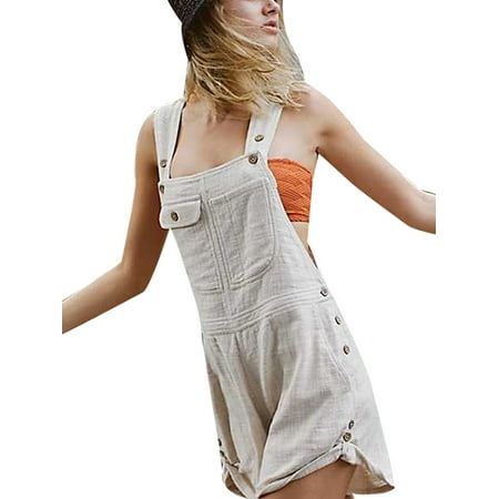 Cotton Mini Romper EZCottonLinen Women Linen Cotton Suspender Dungaree Mini Jumpsuit Romper Casual Shorts Overalls Hotpants ()