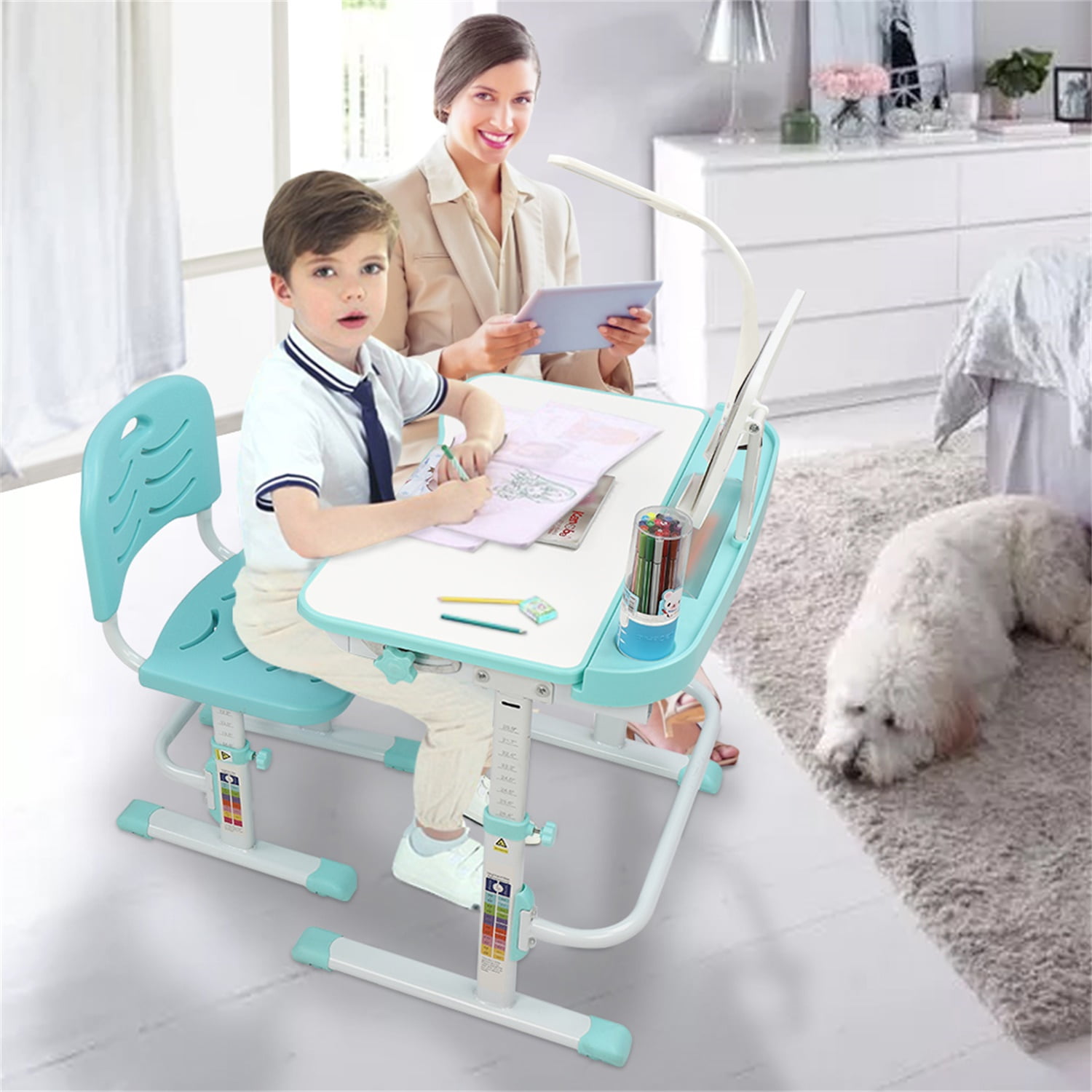 Kids Functional Desk and Chair Set, Children School Study Desk with Tilt Desktop, Bookstand, LED Light, Metal Hook and Drawer for Boys Girls (Blue) Kids Functional Desk and Chair Set, Children School Study Desk with Tilt Desktop, Bookstand, LED Light, Metal Hook and Drawer for Boys Girls (Blue)