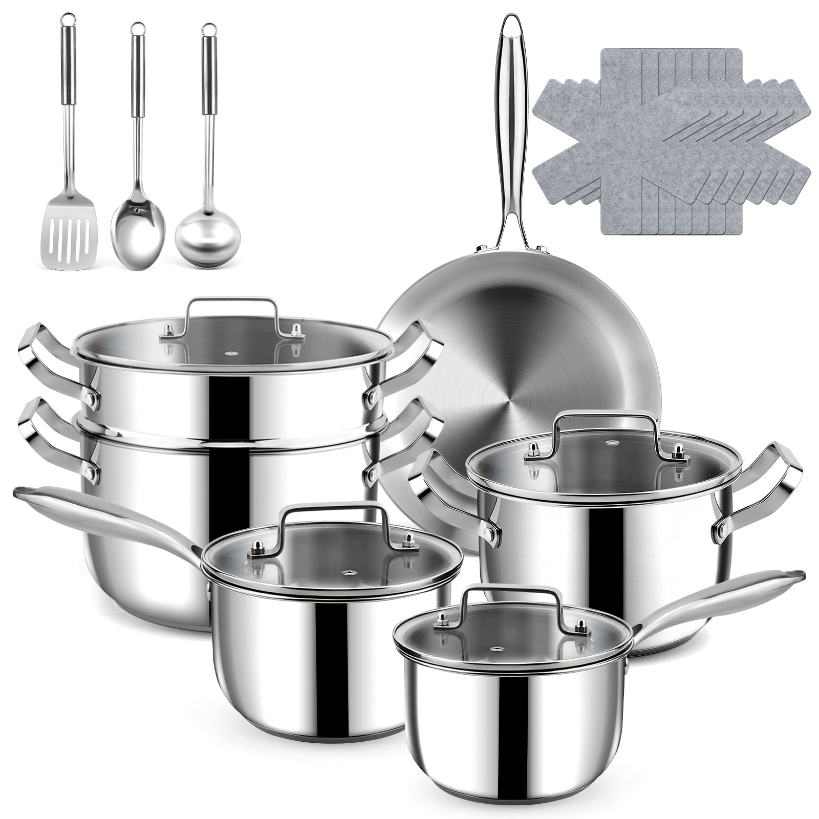 Bestdin 20-Piece Triple Ply Stainless Steel Cookware Set, Kitchen Pots and Pans Set with Glass Lid for Kitchen, Dishwasher Safe, Premium Non-Toxic Kitchen Set for Home Chefs & Family Cooking