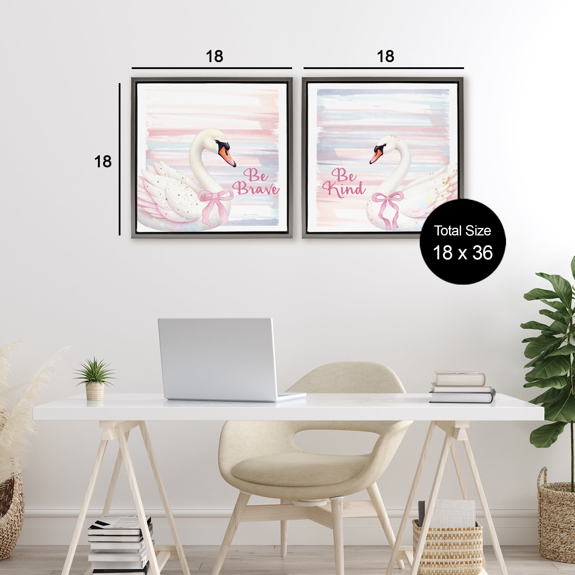 Be Brave & Kind Pastel Swan 2 Piece Gray Framed Floater Canvas Set, design by Kim Allen