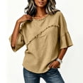 thumbnail image 4 of Lenpel Cotton Linen Shirts for Women Crew Neck Half Sleeve Boho Tops Casual Vintage Frayed Blouses Beach Vacation Clothes, 4 of 6