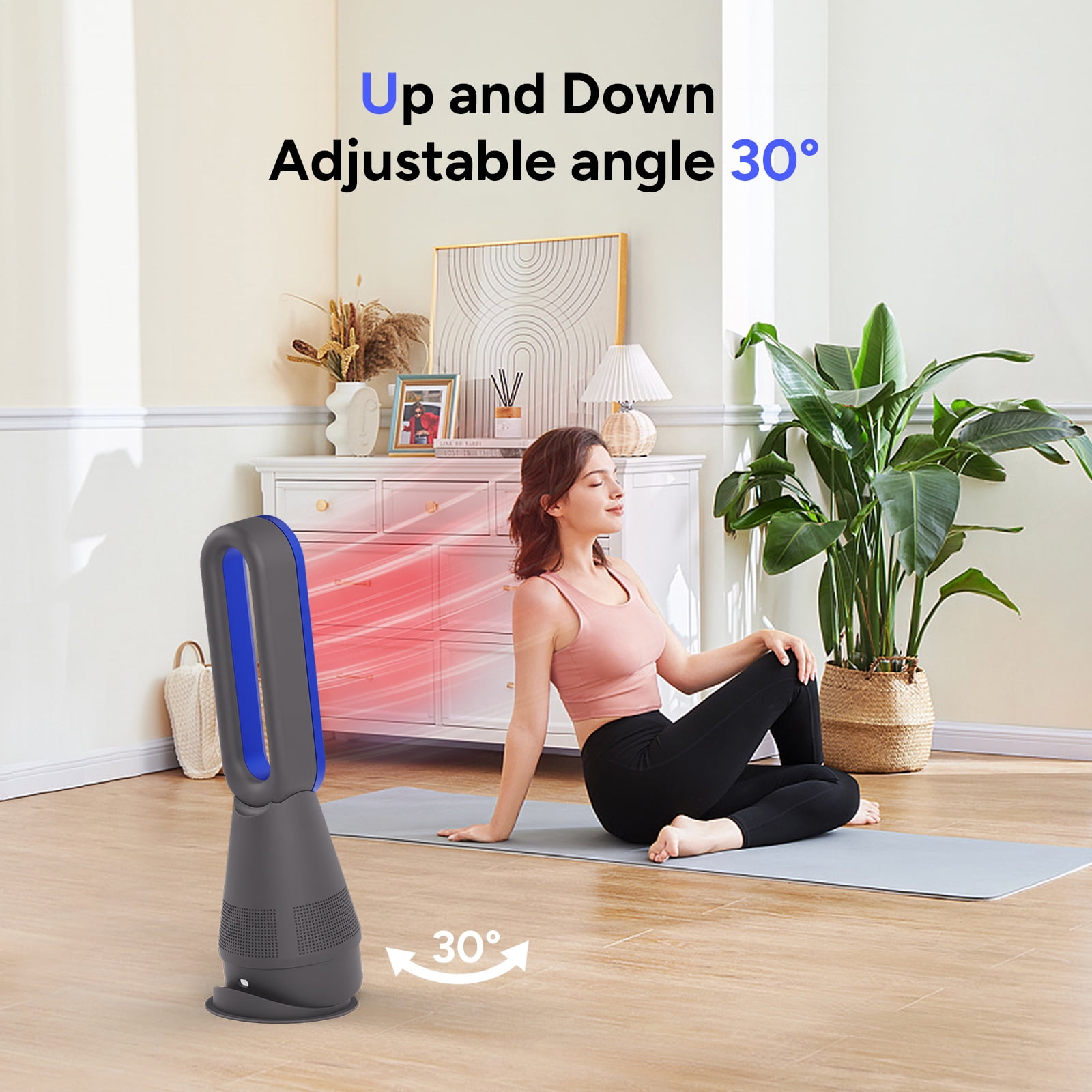 Faryuan 3-in-1 Bladeless Tower Fan & Space Heater with Filter, 80° Oscillating 10-Speed Cooling Fan with Remote, 9H Timer for Large Room, Blue