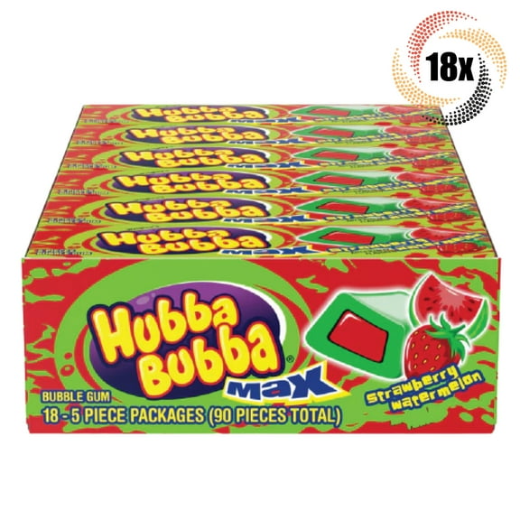 Full Box 18x Packs Wrigley's Hubba Bubba Strawberry Watermelon Bubble Gum 5ct
