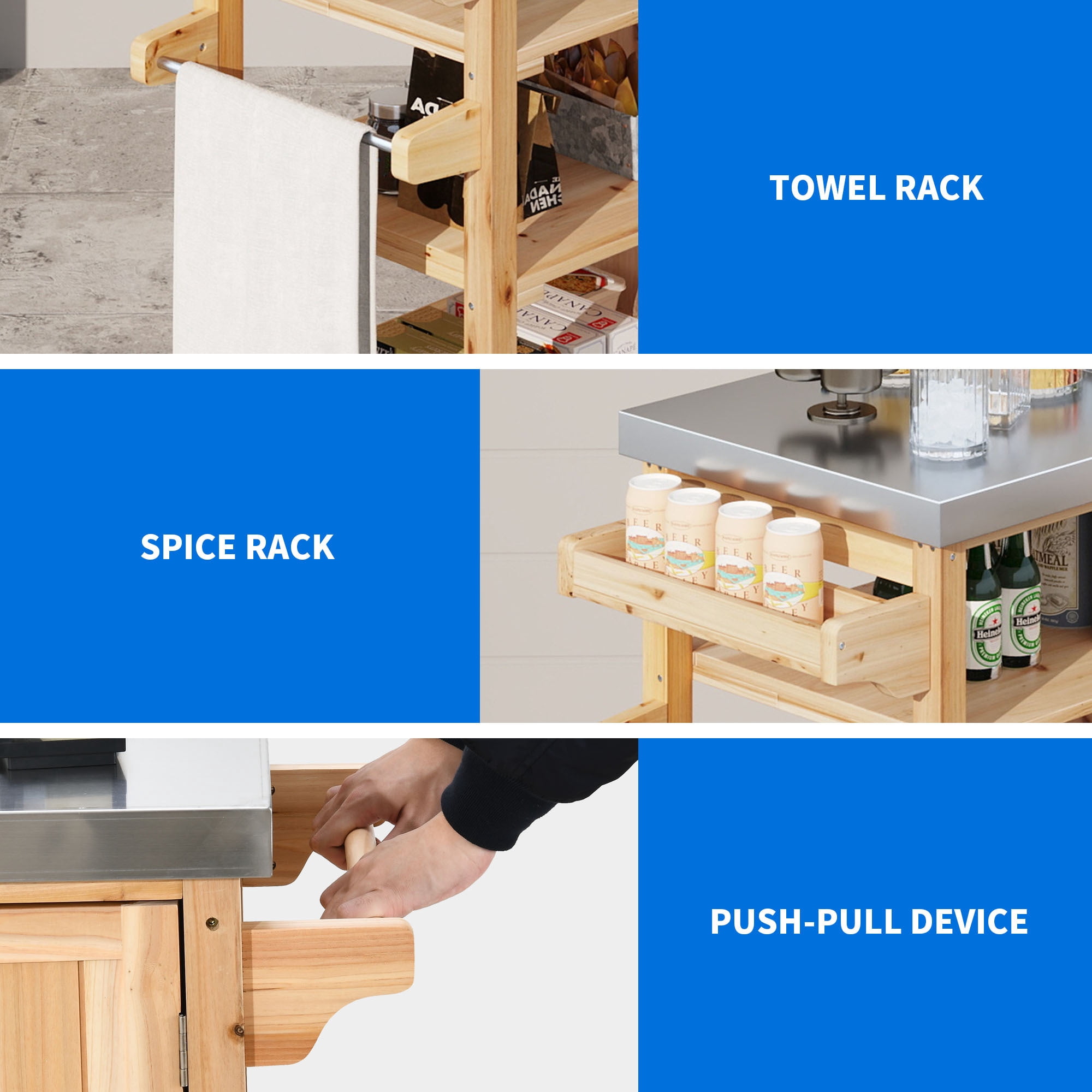 Uforic Outdoor Grill Table Solid Wood Storage Cabinet, Rolling Kitchen Island, Movable Bar Cart with Stainless Steel Top