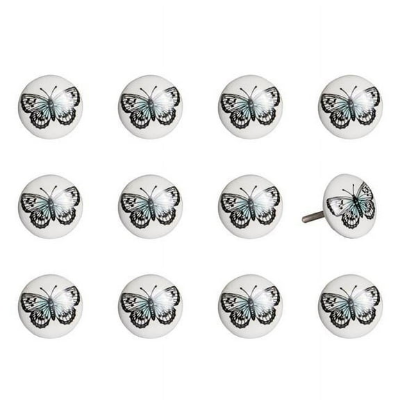 Vintage Hand Painted Ceramic Butterfly Knob Set - White & Blue - Pack of 12