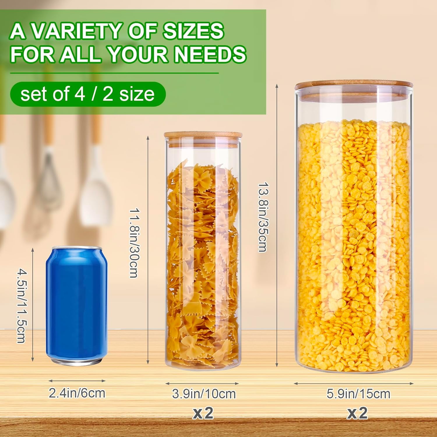 Panzexin Glass Food Storage Jars, Food Containers with Airtight Bamboo Lids for Pasta, Cookies, Nuts, Coffee Beans, Cereal, Glass Canisters for Kitchen, Pantry Organization,Set of 4