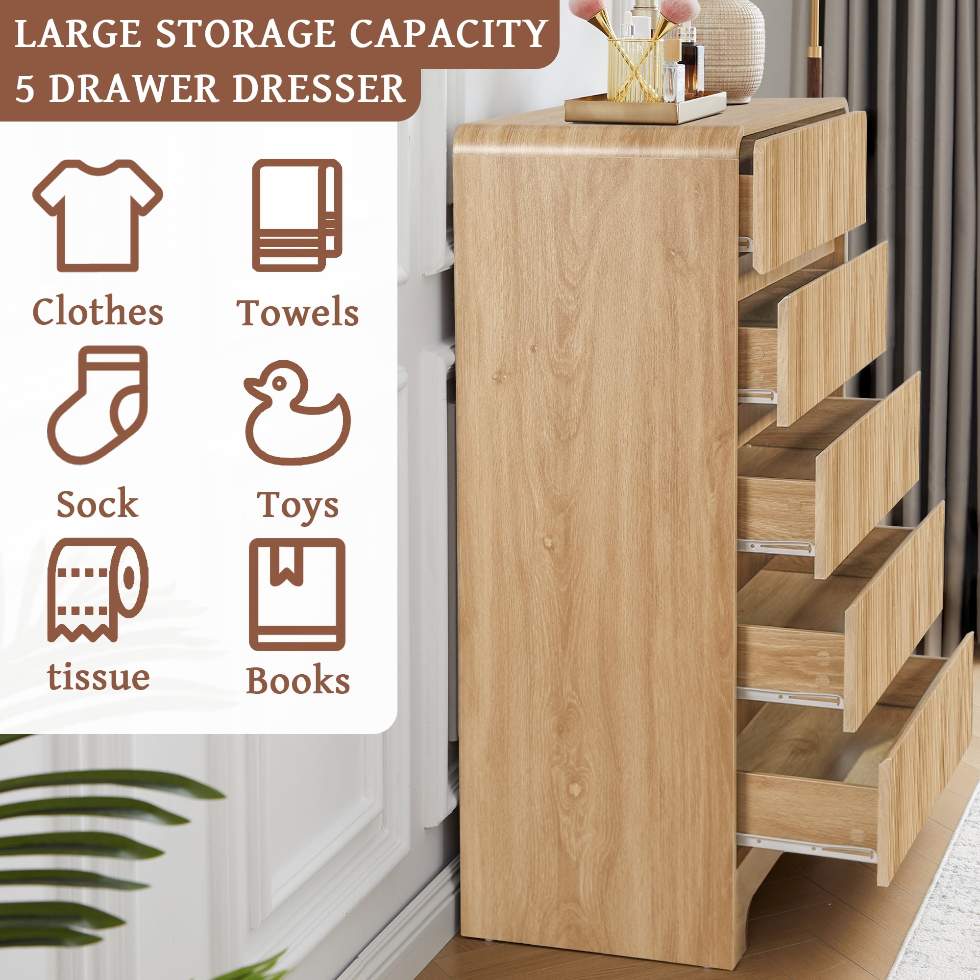 LEFHDA Fluted 5 Drawers Dresser for Bedroom, Mid Century Modern Storage Dressers, 45.3" Tall Wood Fluted Dressers Organizer for Bedroom, Living Room, Oak Set of 2