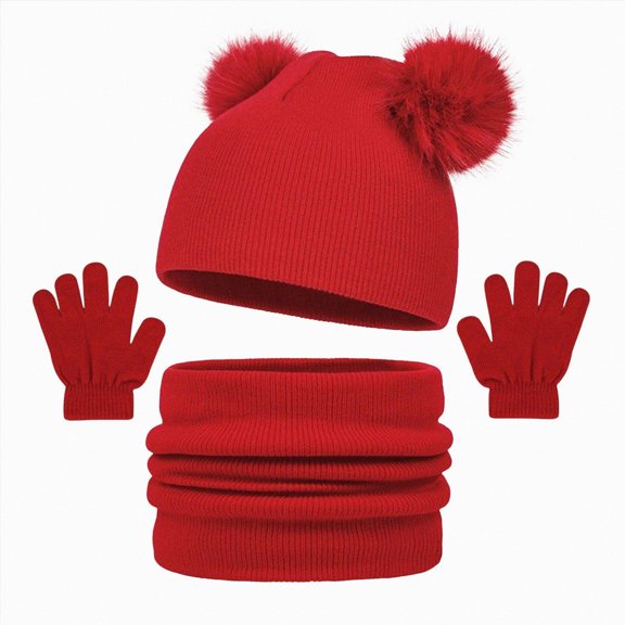 Linfrsh 3Pcs Kids Hat Scarf and Snow Gloves Set, Winter Knit Warm Soft Pom-Pom Beanie Outdoor for Boys Girls and Toddlers
