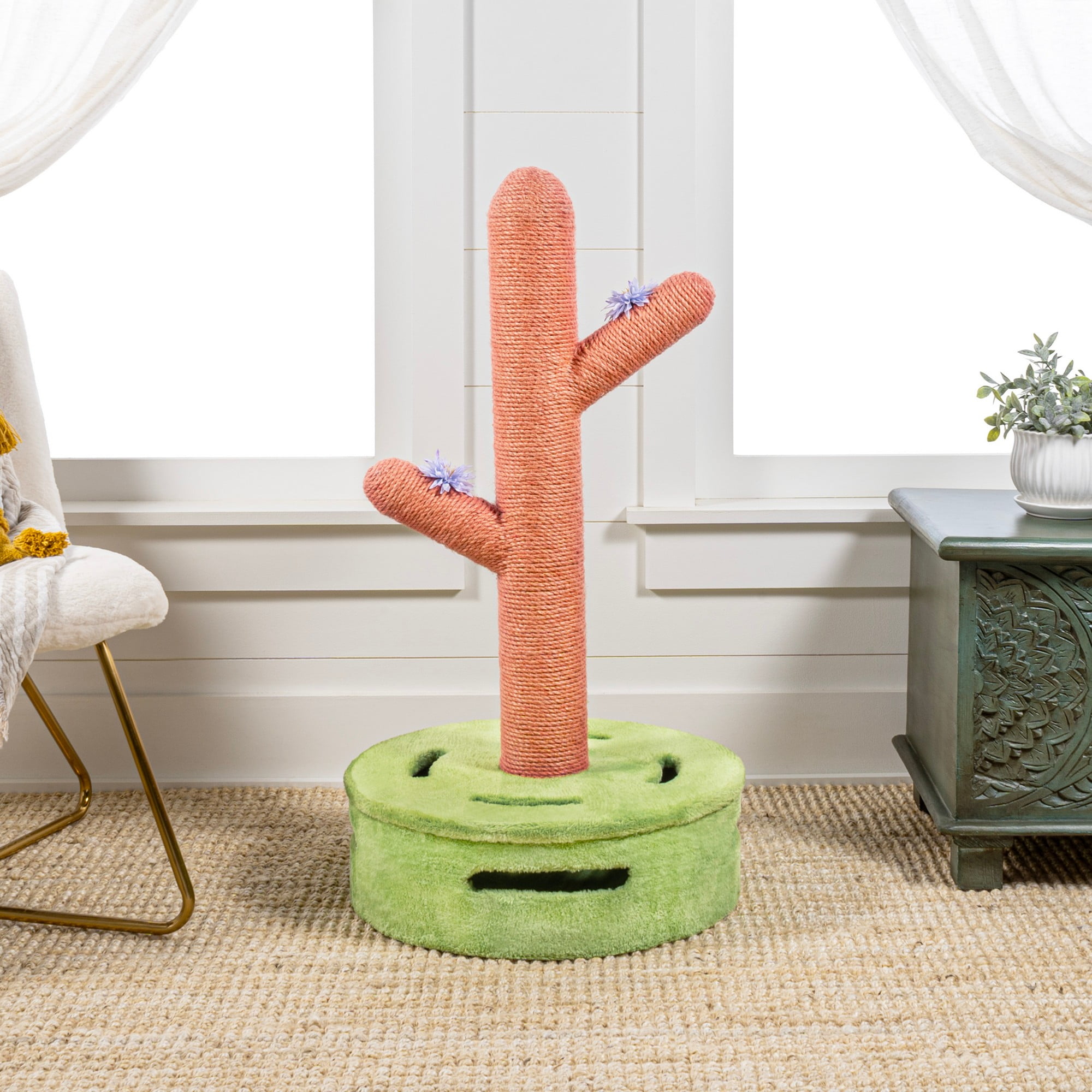THE LICKER STORE Rosa 36" Modern Jute Cactus Cat Scratching Post with Flower Toys and Built-In Bell Toys, Pink/Green, CTR1004A