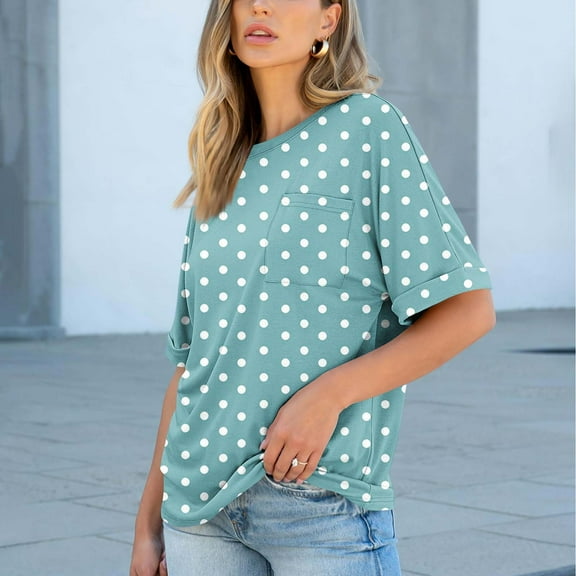 Heisall Women's Polka Dot Print Short Sleeve Crew Neck Casual Blouse with Pocket for All Seasons Tops