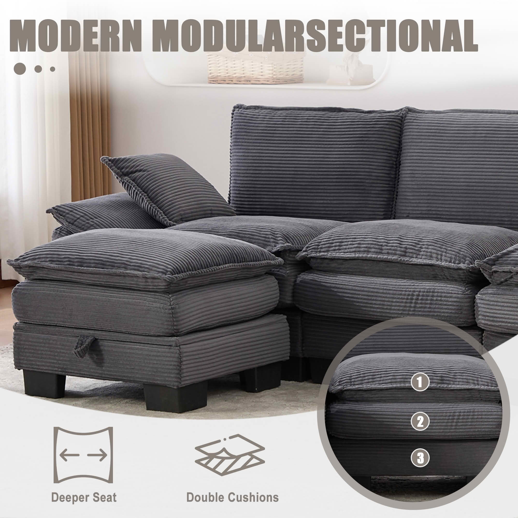 MAYEERTY Ottoman Footstool, Modular Cloud Sofa Footrest with Storage, Soft Corduroy, No Assembly, Dark Gray