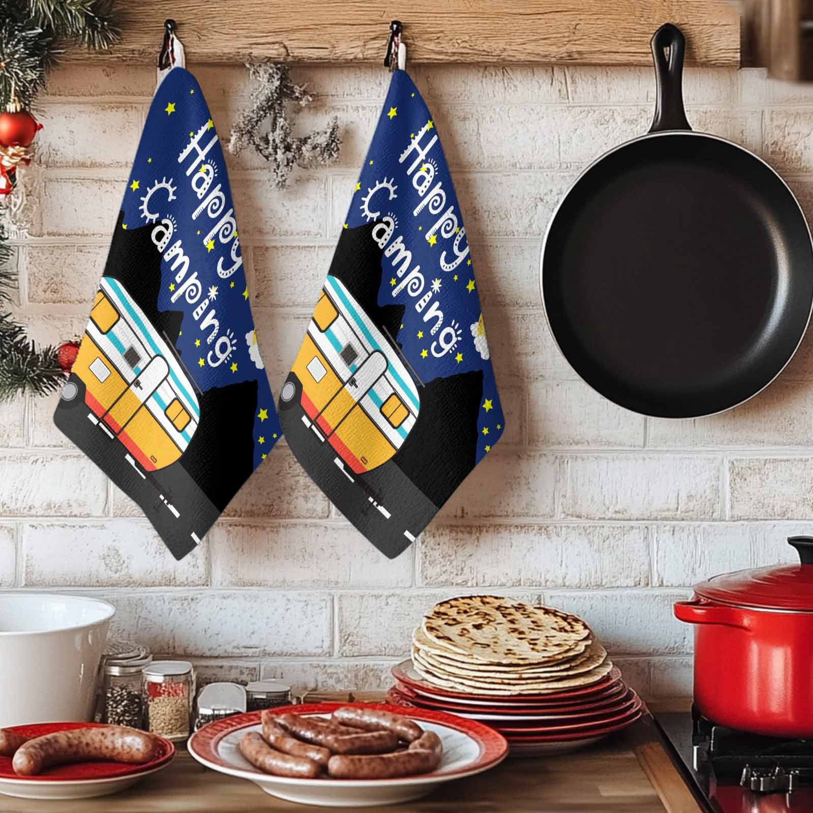 Navy Blue Black Kitchen Towels Set of 2, Cartoon Truck Moon Stars Absorbent Dish Towels for Kitchen, Microfiber Hand Towel, Quick Drying Tea Towel for Cleaning Decorative Dishcloths