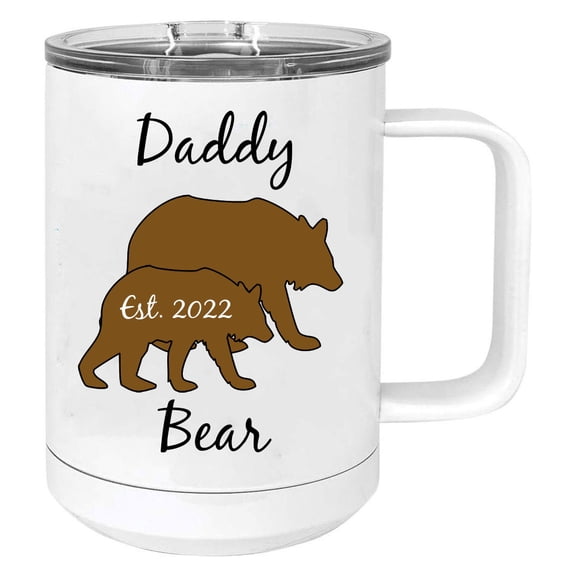 Daddy Cub Bear Est. 2022 Stainless Steel Vacuum Insulated 15 Oz Travel Coffee Mug with Slider Lid, White