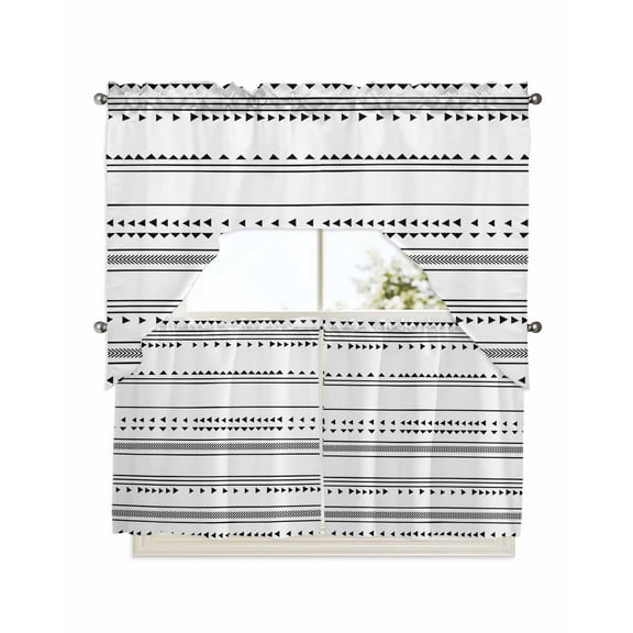 Boho Black White Modern Stripes Kitchen Curtain and Valance Set 3 Pieces,Rod Pocket Short Tier Curtains 24 Inch Length,Farmhouse Abstract Art Swag Topper Small Window Treatment for Cafe Bathroom