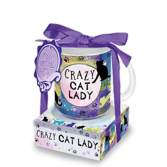 Crazy Cat Lady Pawprint Blue 12 ounce Glossy Ceramic Mug and Note Stack