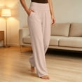 thumbnail image 5 of Women's High Waist Wide Leg Pants,Soft Flowy Trousers with Side Pockets,Beige,Women's Capri L, 5 of 9